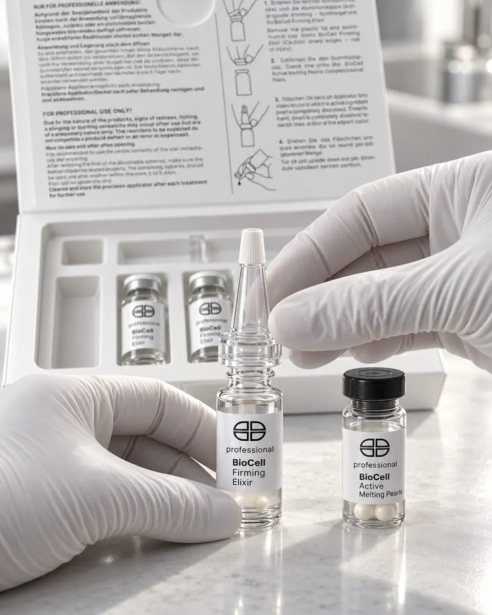 Behandlerin in Handschuhen bereitet die BioCell-Ampullen vor