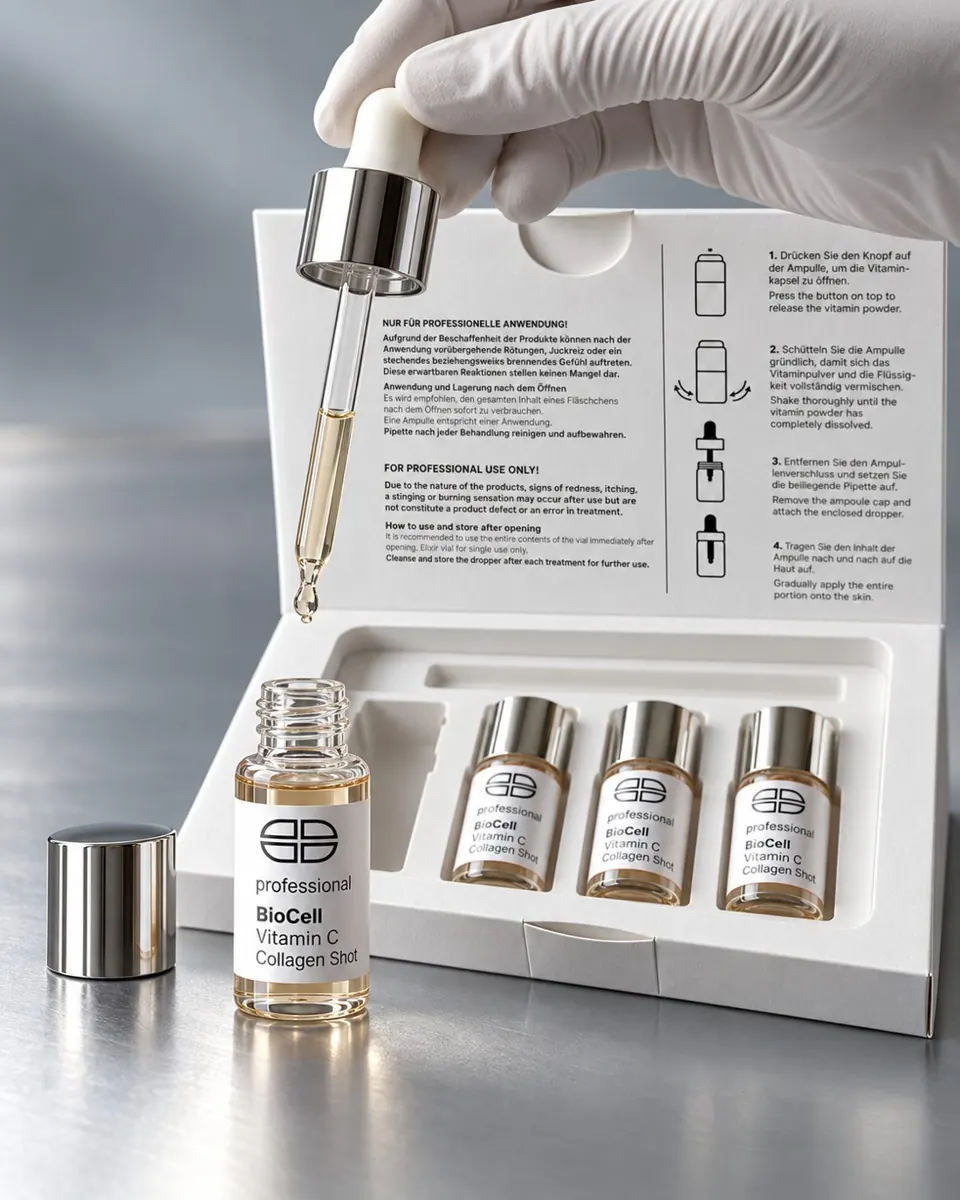 Fachkraft entnimmt mit der Pipette ein BioCell-Serum aus dem Behandlungsset